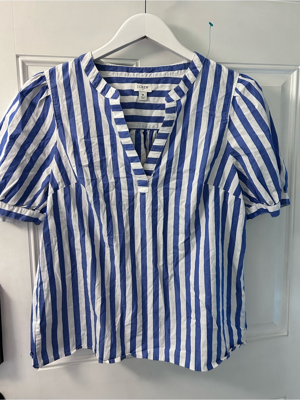J. Crew Blue and White Vertical-Stripe Puff-Sleeve V-Neck Top